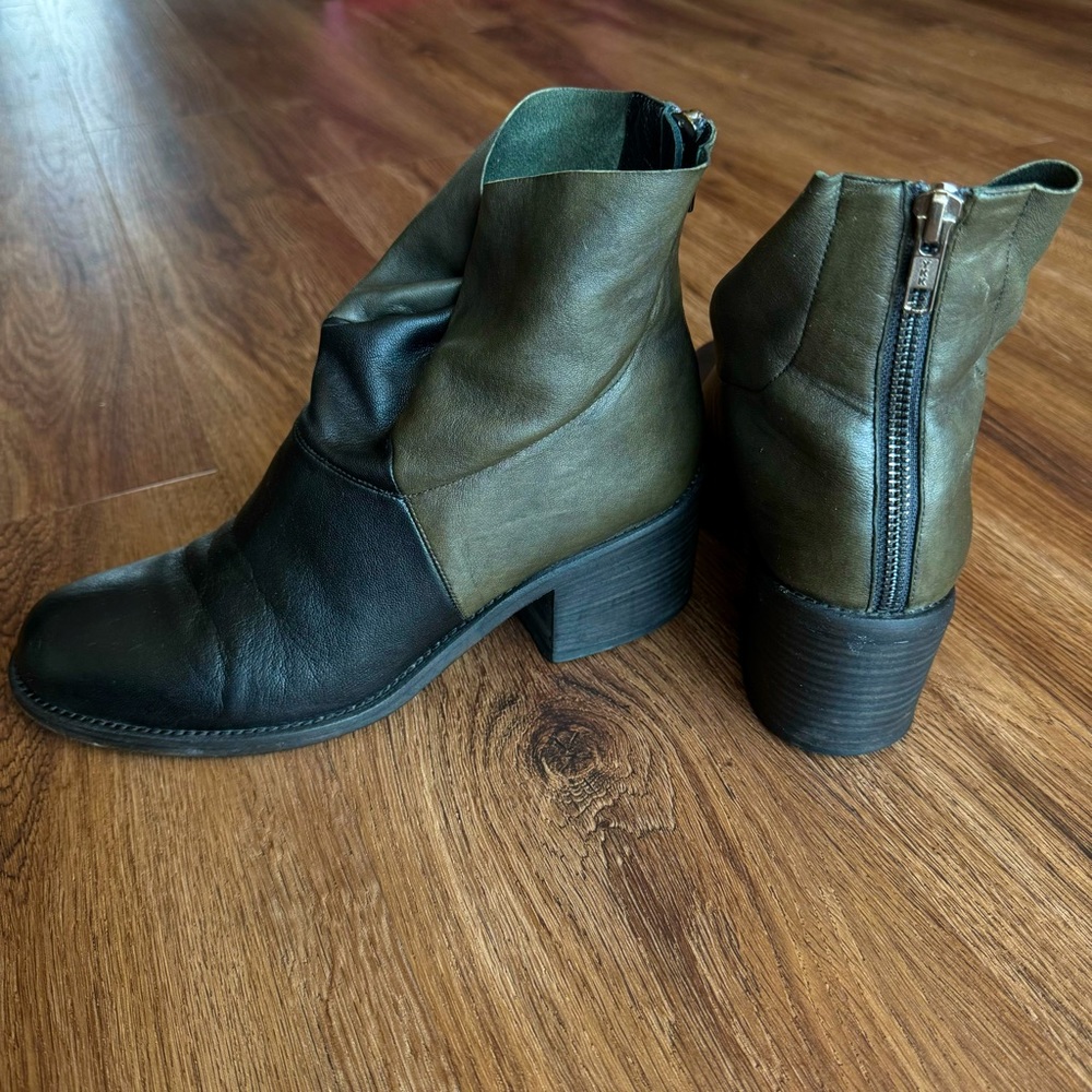 LD Tuttle Leather Ankle Boots Zipper Block Heel 39 Black Green Coloblock